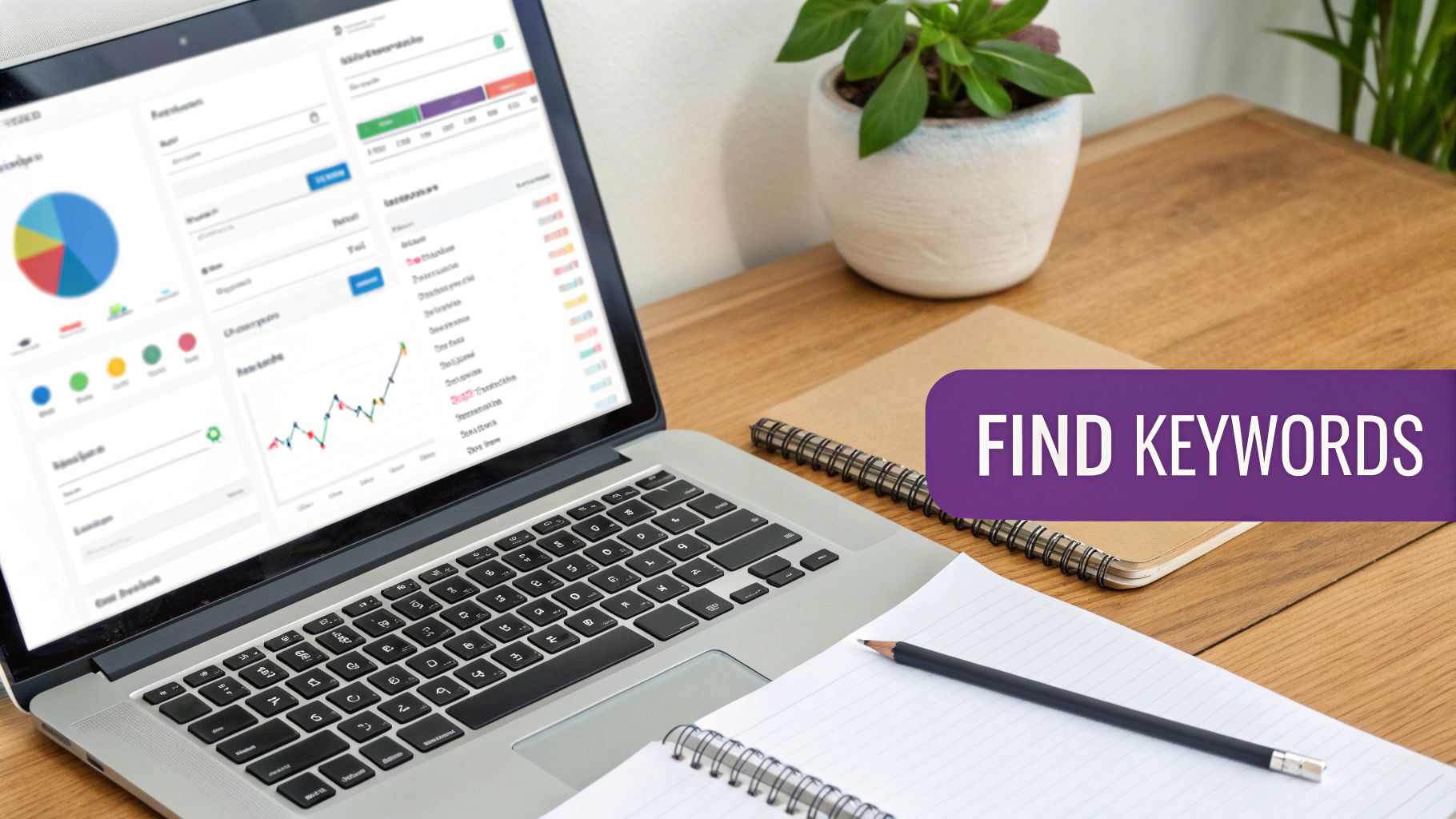A laptop displaying SEO analytics and keyword research tools on a wooden desk with notebooks and a plant.
