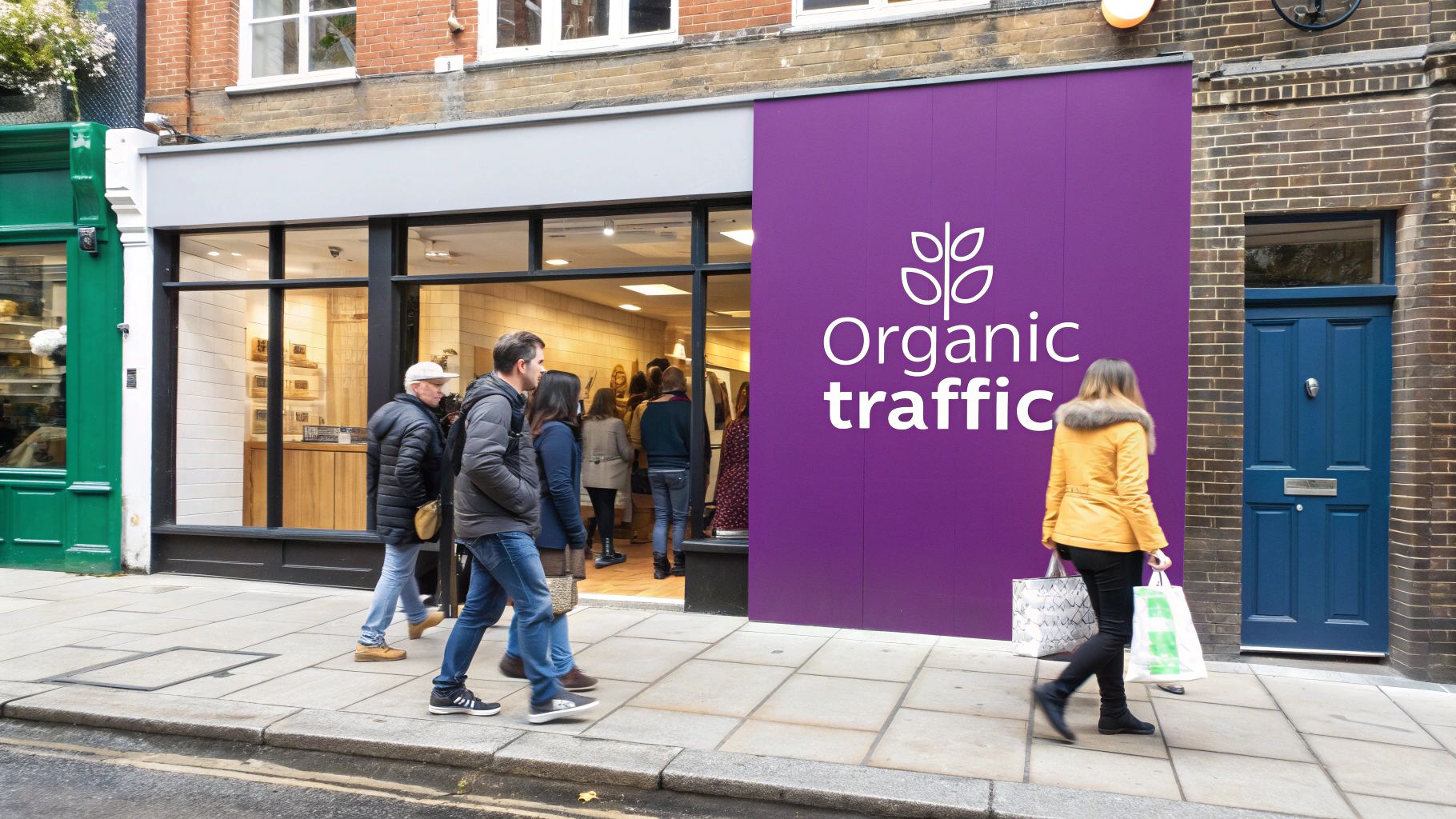 People walk on a city street past a shop with a purple 'Organic traffic' sign and a blue door.