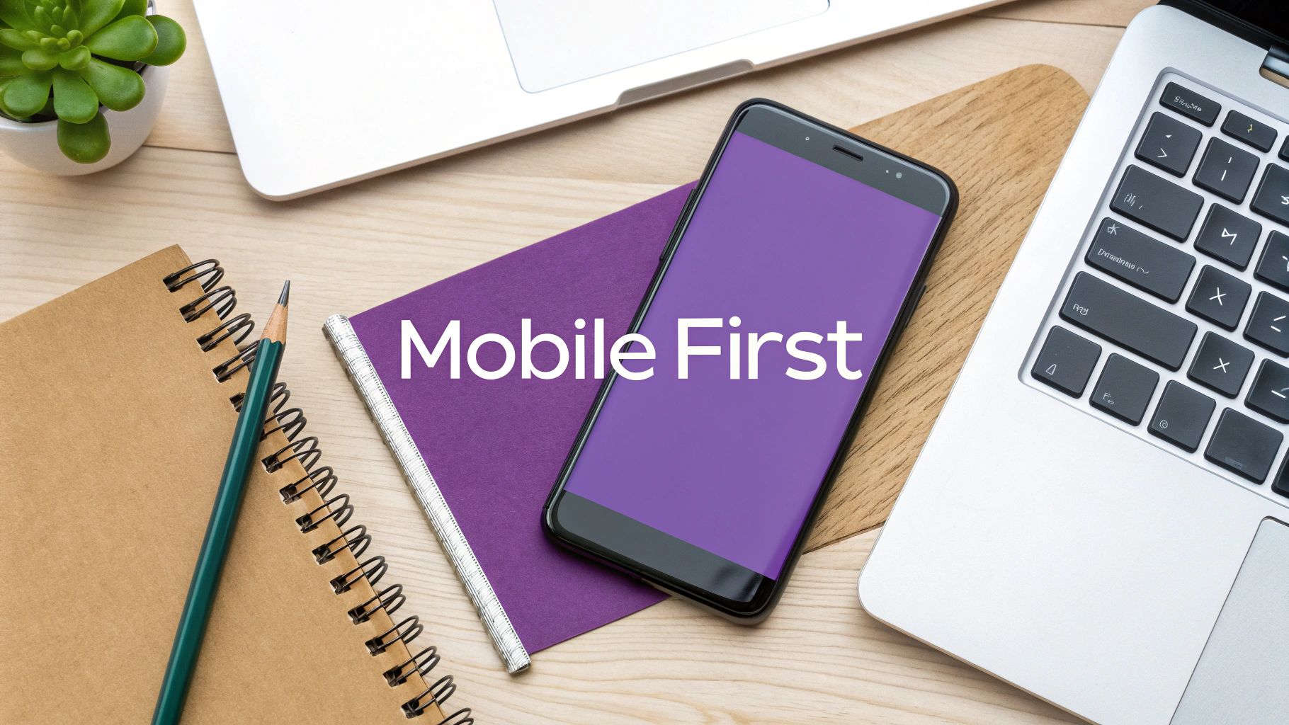 A flat lay of a modern workspace with a laptop, notebooks, and a smartphone displaying 'Mobile First' text.