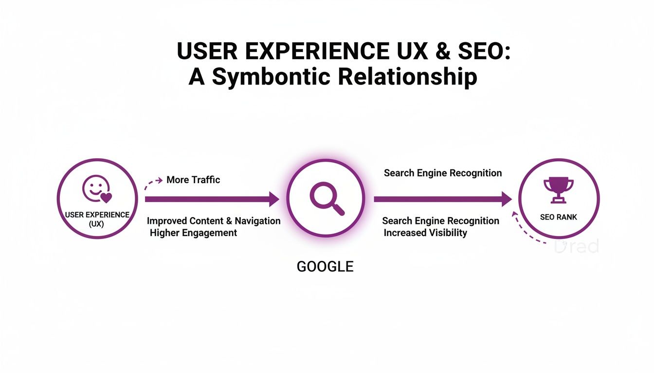 Infographic illustrating the symbiotic relationship between user experience, Google search recognition, and SEO ranking.