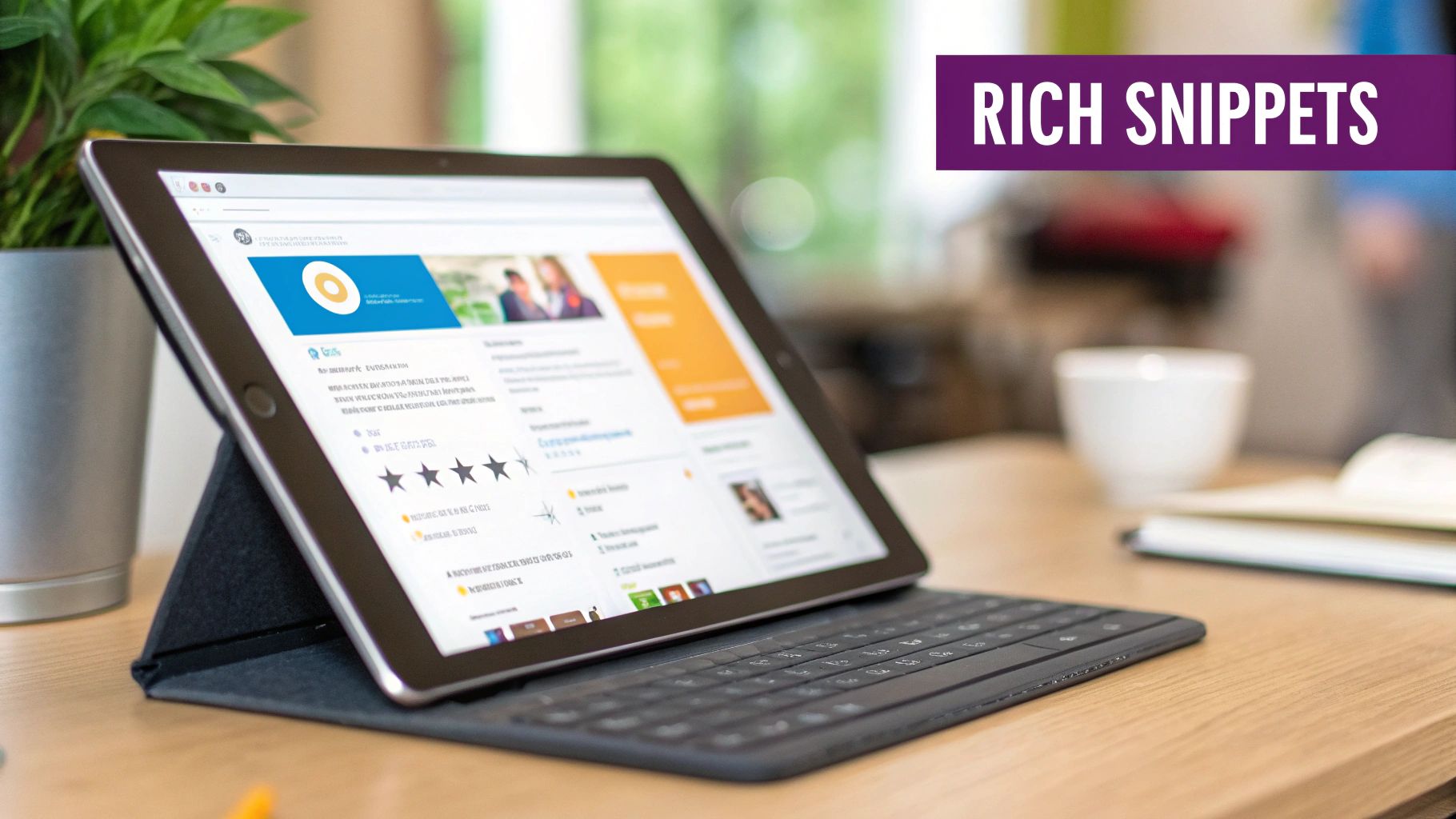 A tablet displaying a webpage with rich snippets, including star ratings and images, on a desk.