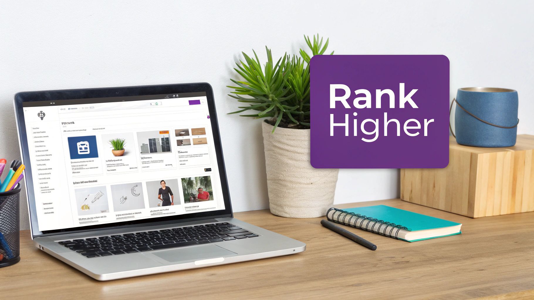 A laptop on a desk displaying a website, with a 'Rank Higher' overlay, emphasizing SEO and online presence.