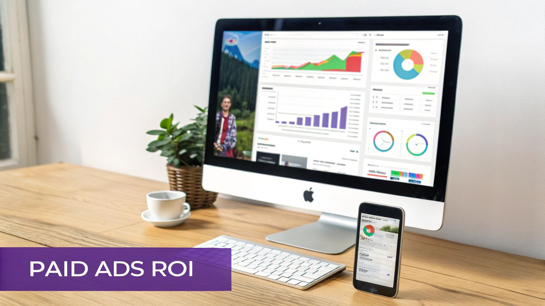 A clean workspace featuring an iMac and smartphone displaying marketing analytics, with a coffee cup and plant.