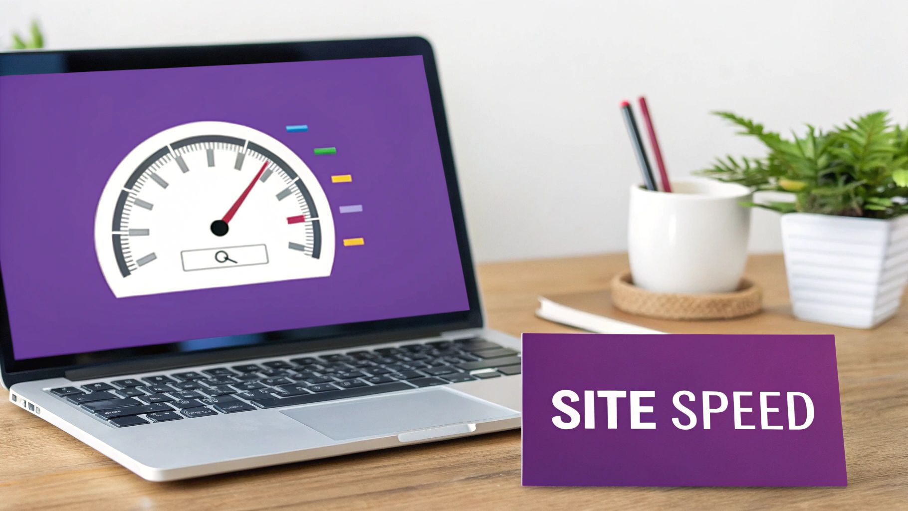 Laptop displaying speedometer gauge with site speed text on purple background for website performance optimisation