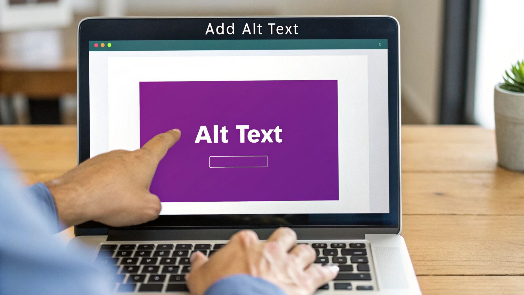 Person pointing at laptop screen displaying alt text input field on purple background interface