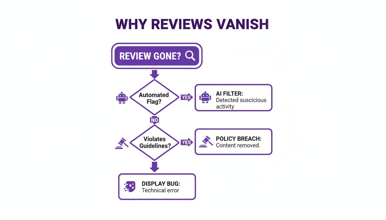 Flowchart detailing why online reviews vanish, including automated flags, policy breaches, and technical bugs.