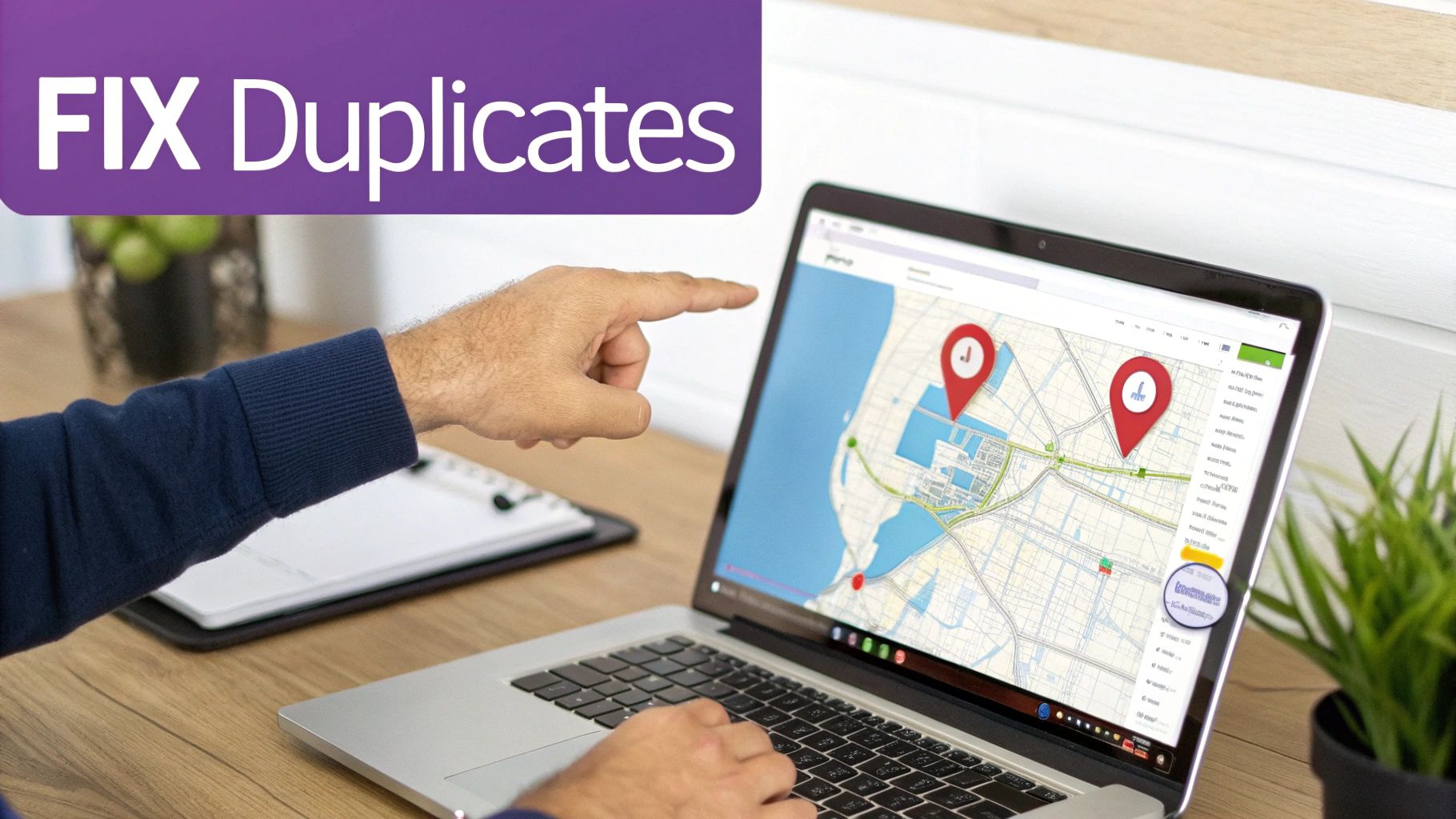A person points at a laptop screen displaying a map with two location pins and text 'FIX Duplicates'.