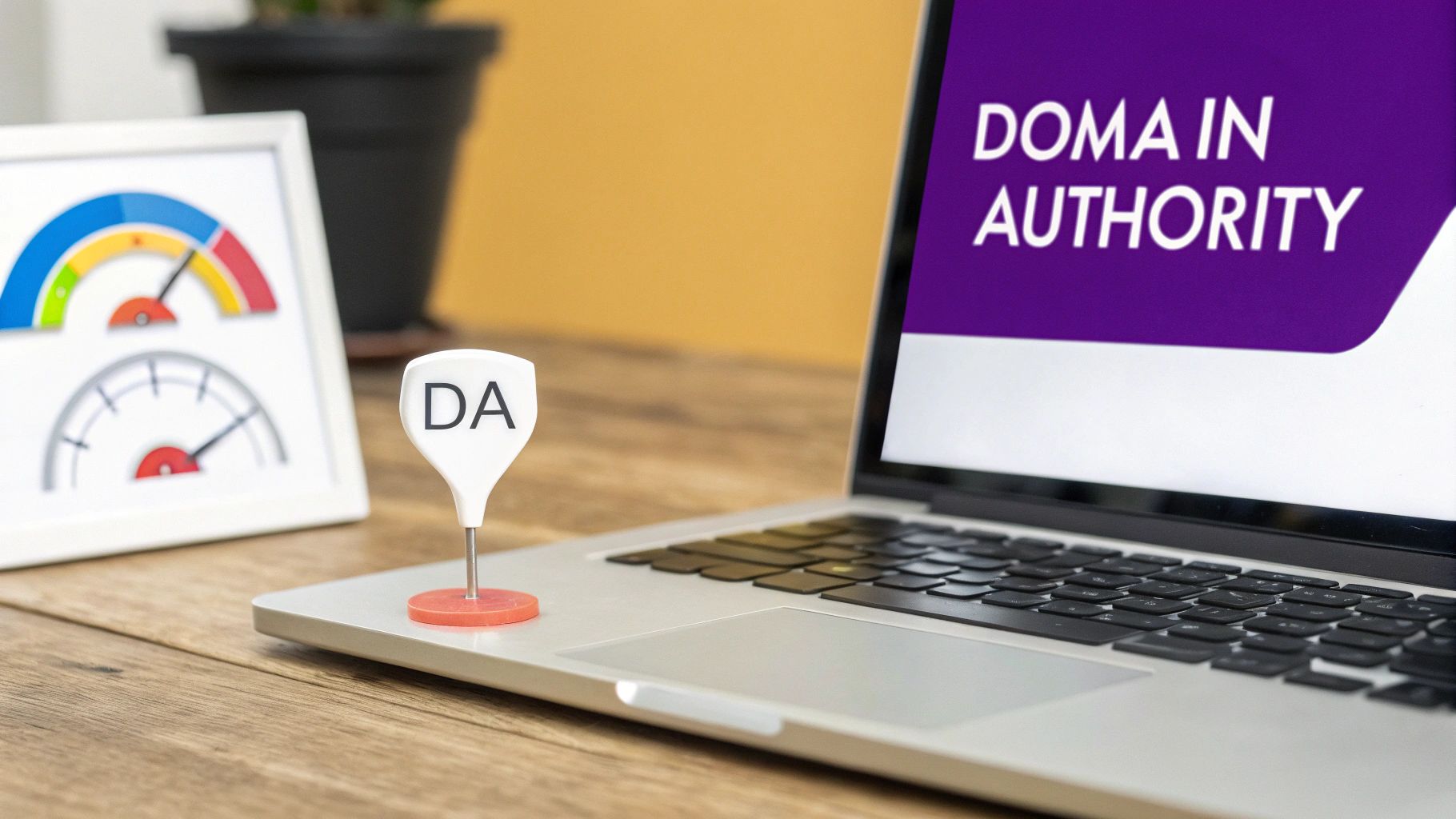 A laptop displaying 'DOMAIN AUTHORITY' with a 'DA' sign and performance gauges, representing SEO ranking.