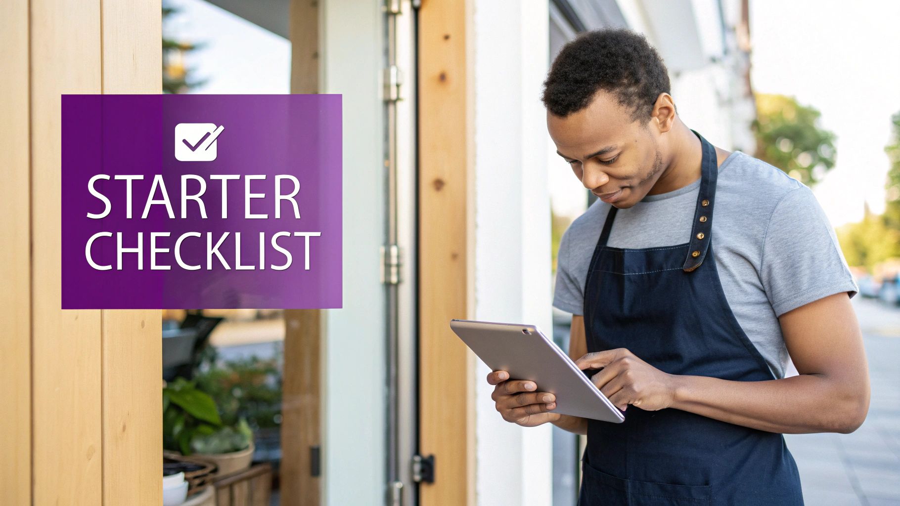 A young man in an apron uses a digital tablet outside a business with a 'Starter Checklist' sign.