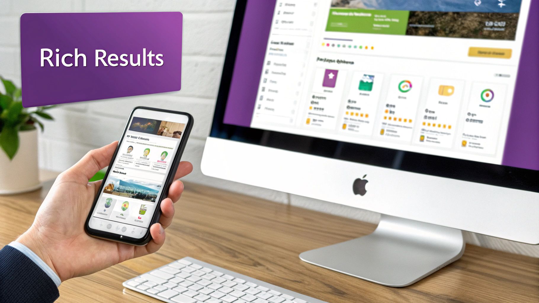 A hand holds a smartphone displaying rich results, with a desktop monitor showing similar content in the background.