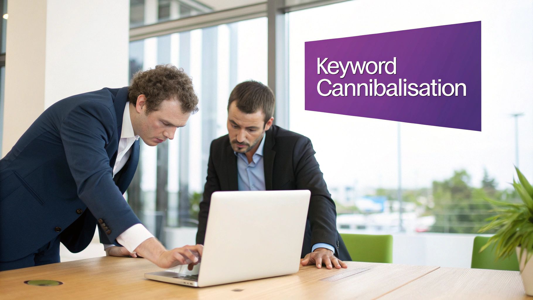 Two business professionals analyzing keyword cannibalization data on laptop in modern office
