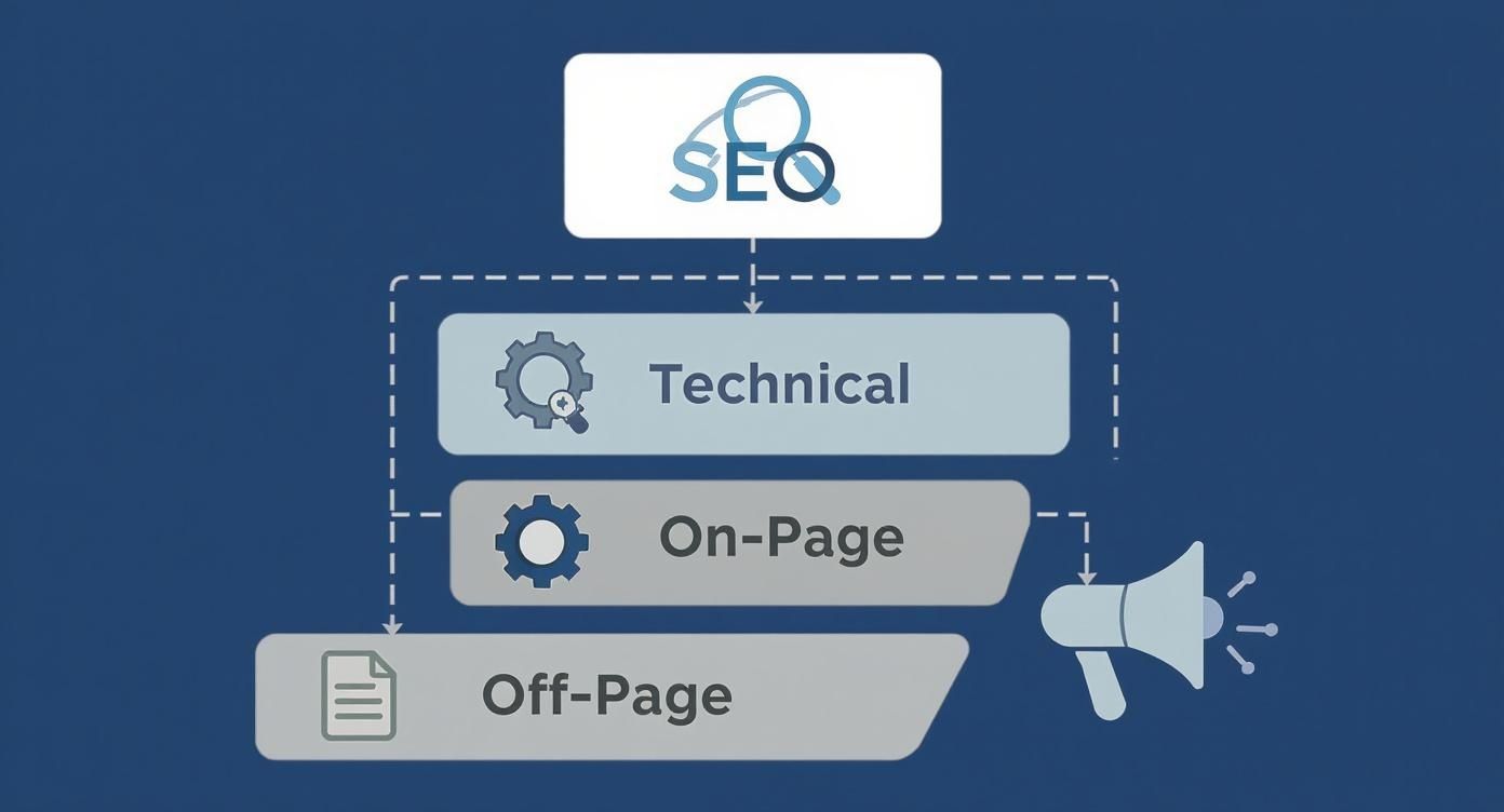 Flowchart illustrating the three main types of SEO: Technical, On-Page, and Off-Page.
