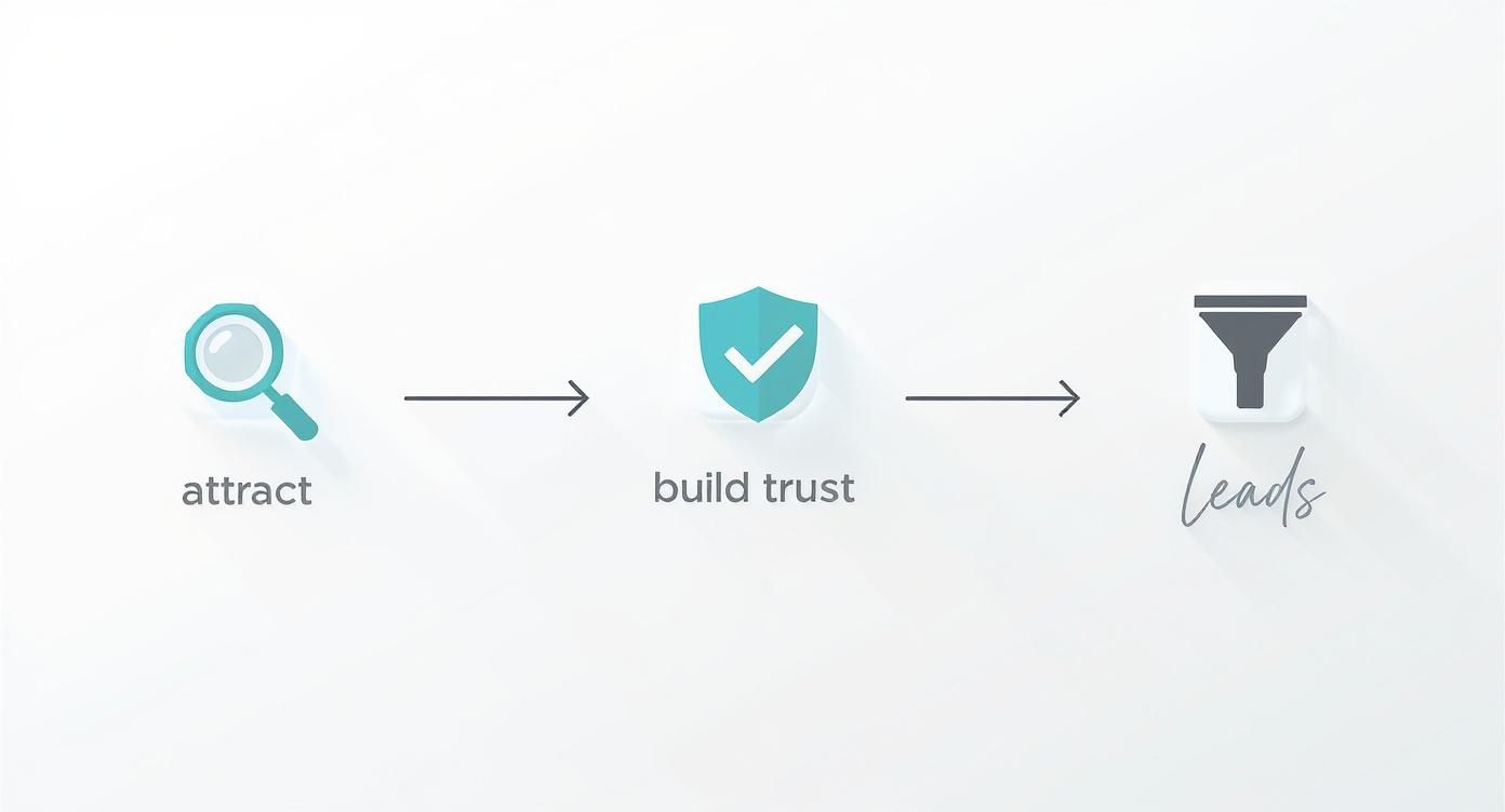 Infographic showing the three pillars of business blogging: Attract, Build Trust, and Generate Leads