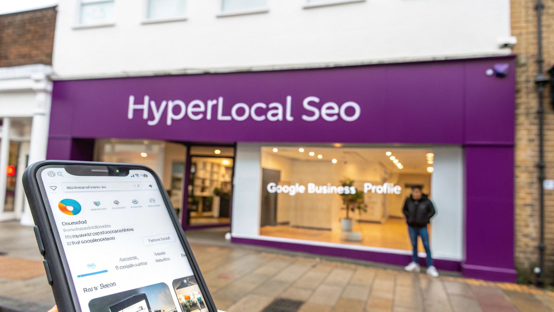 A person holds a smartphone displaying local search results in front of a HyperLocal SEO office with 'Google Business Profile' signage.