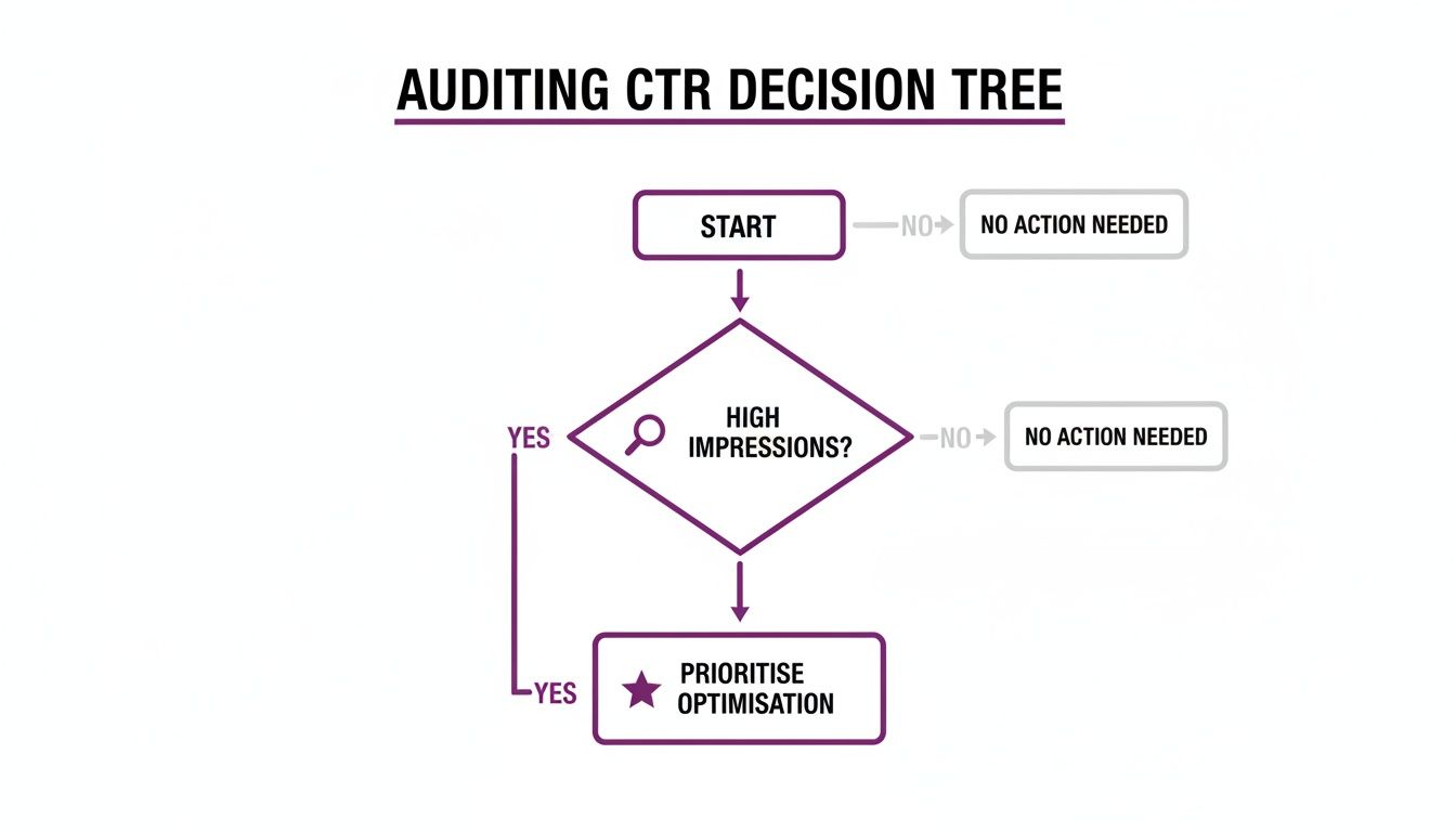 A flowchart illustrating the Auditing CTR Decision Tree, guiding actions based on impression levels.