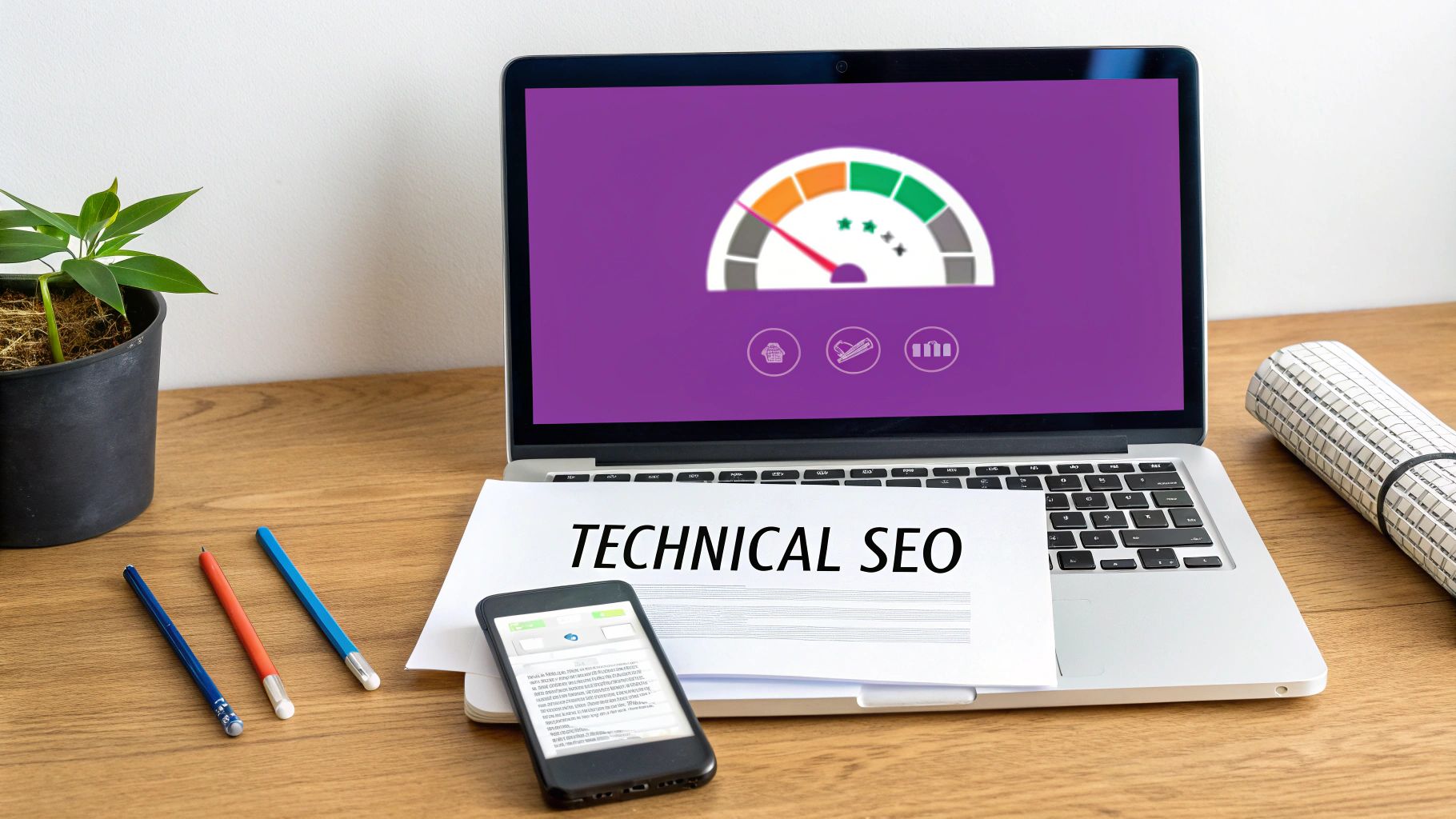 A laptop screen shows a performance gauge, with 'TECHNICAL SEO' on a document and a smartphone on the keyboard.