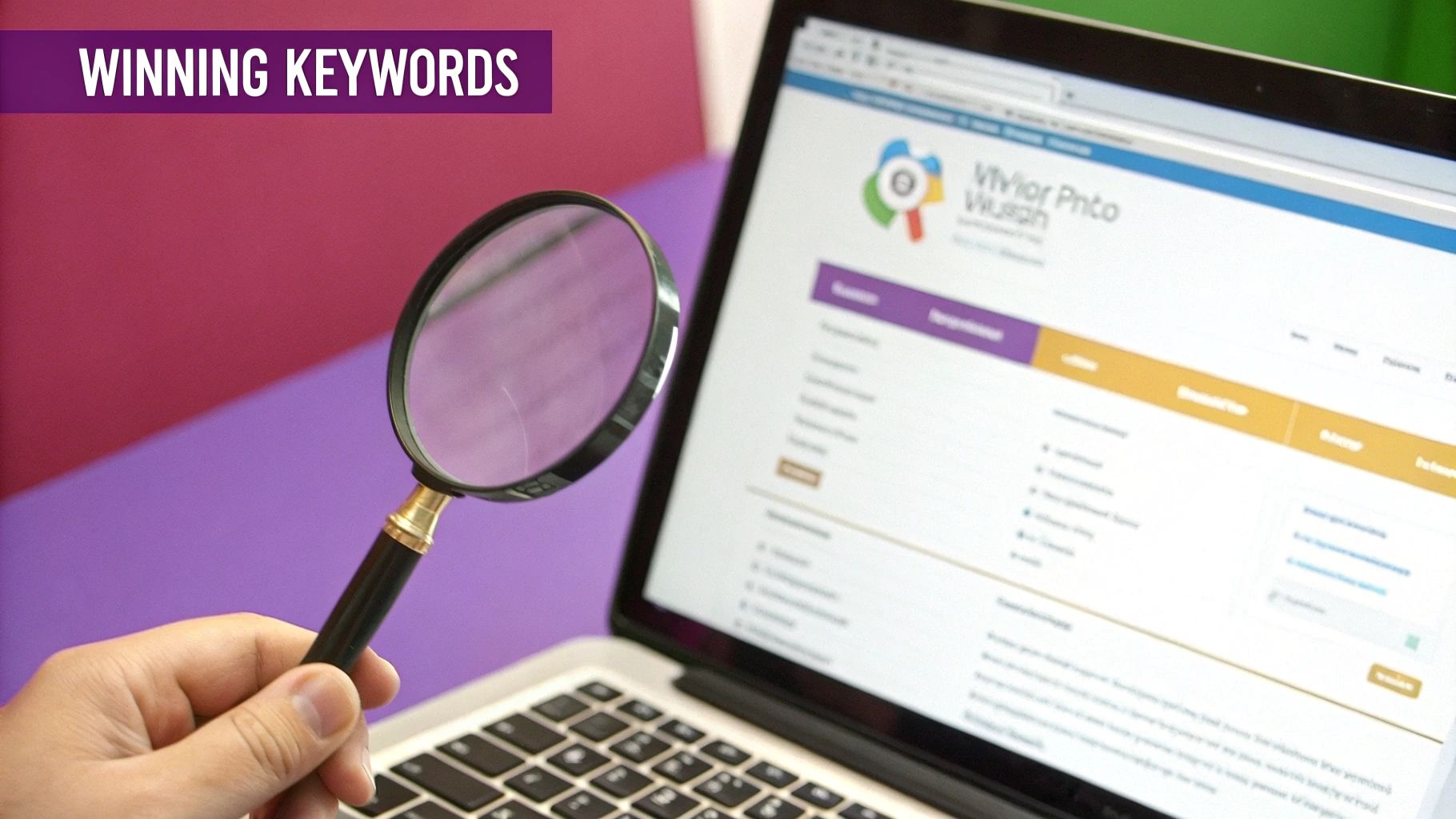 A person using a magnifying glass to inspect a chart showing keyword data and trends on a screen.