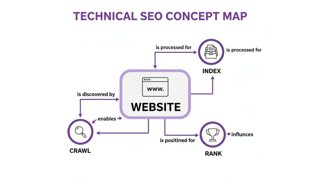 A technical SEO concept map illustrating relationships between website, crawl, index, and rank.
