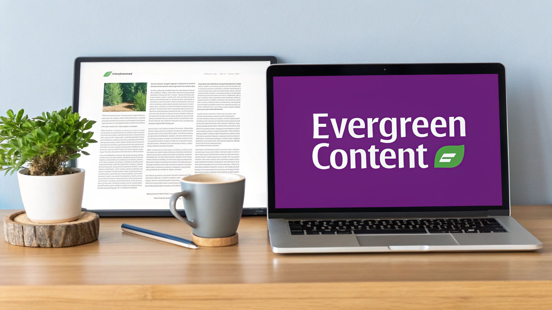 Modern workspace with a laptop displaying "Evergreen Content" and a tablet showing a blog article.