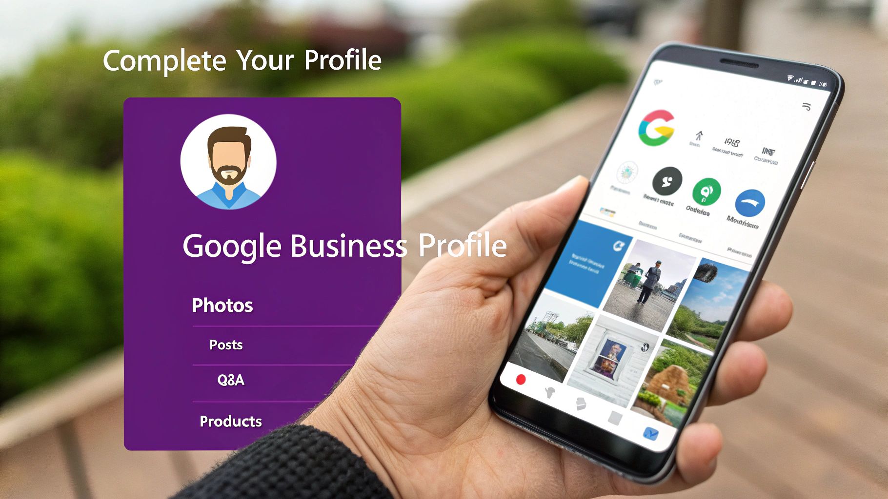A person holds a smartphone showing the Google Business Profile app with profile completion options.
