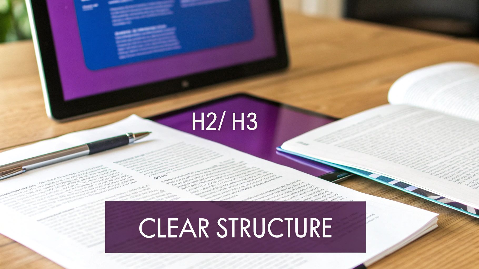 A desk with a tablet displaying 'H2/ H3', an open book, and documents, highlighting 'CLEAR STRUCTURE'.