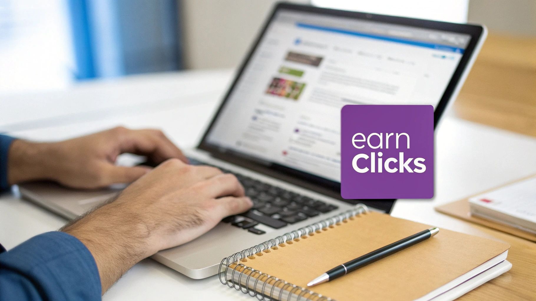 A person's hands typing on a laptop, with an 'earn Clicks' logo, a notebook, and a pen.