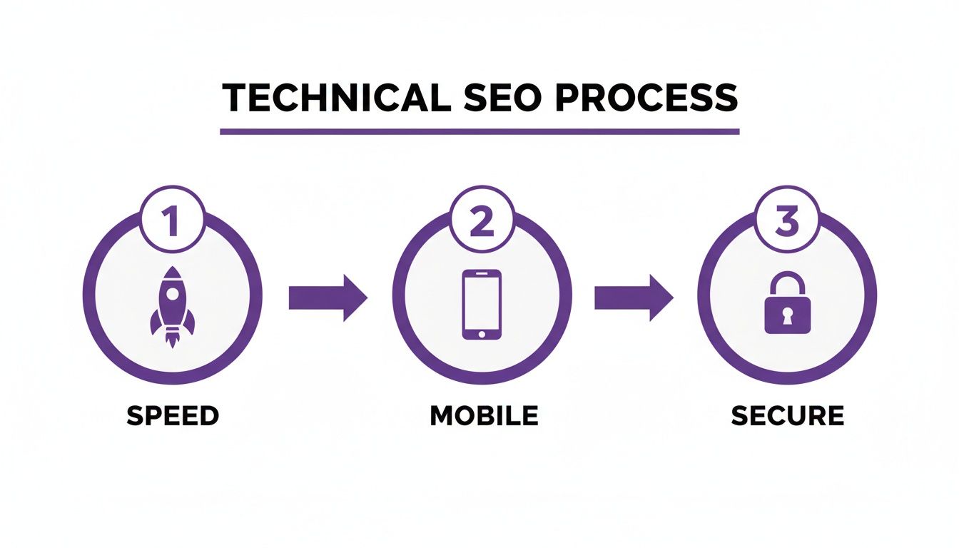 Technical SEO process diagram outlining three crucial steps: speed, mobile-friendliness, and security.