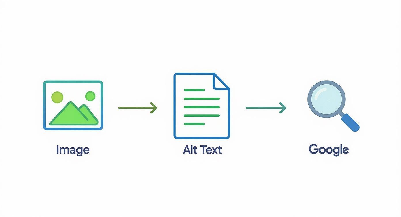 Diagram showing how images with alt text help Google search engines understand visual content