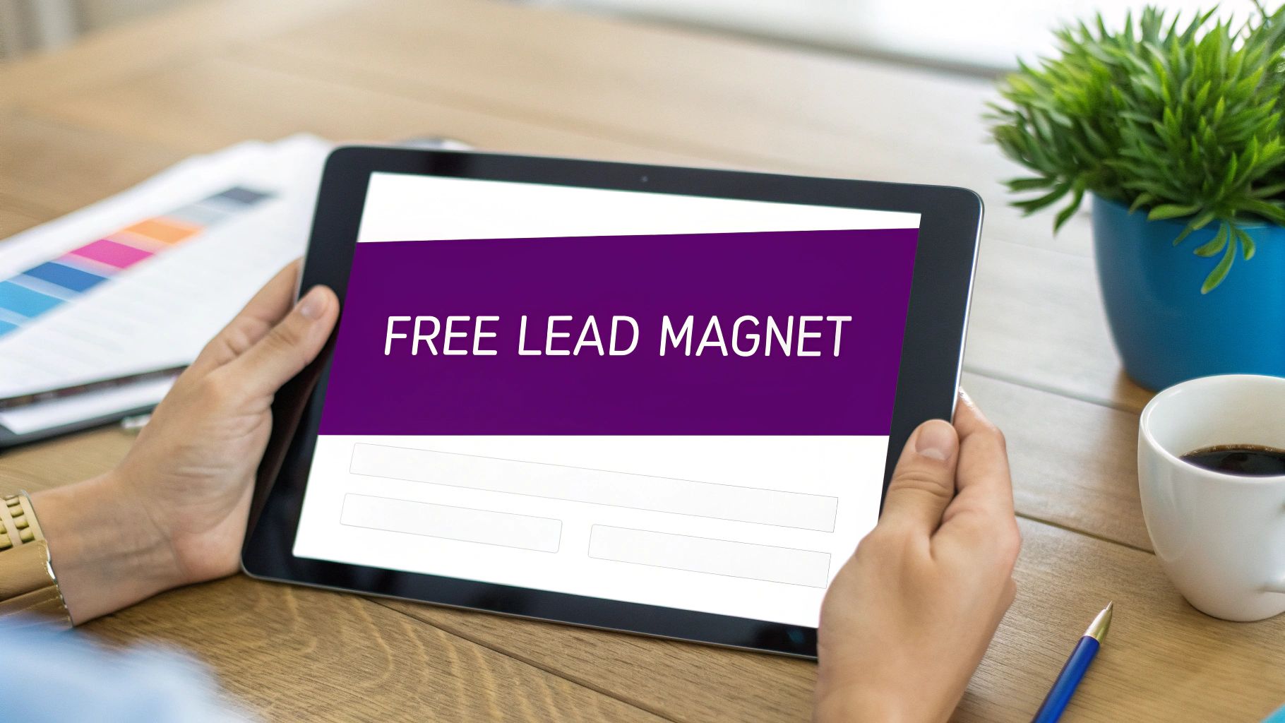 Person holding a tablet displaying 'FREE LEAD MAGNET' on its screen, with form fields and a desk background.