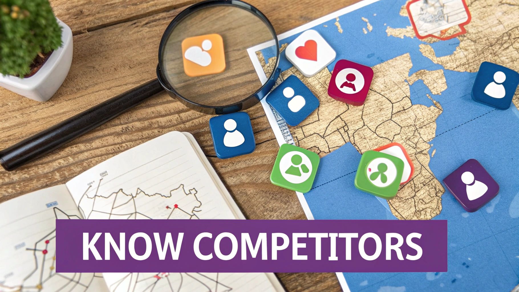 A person using a magnifying glass to look at different figures representing competitors on a map.
