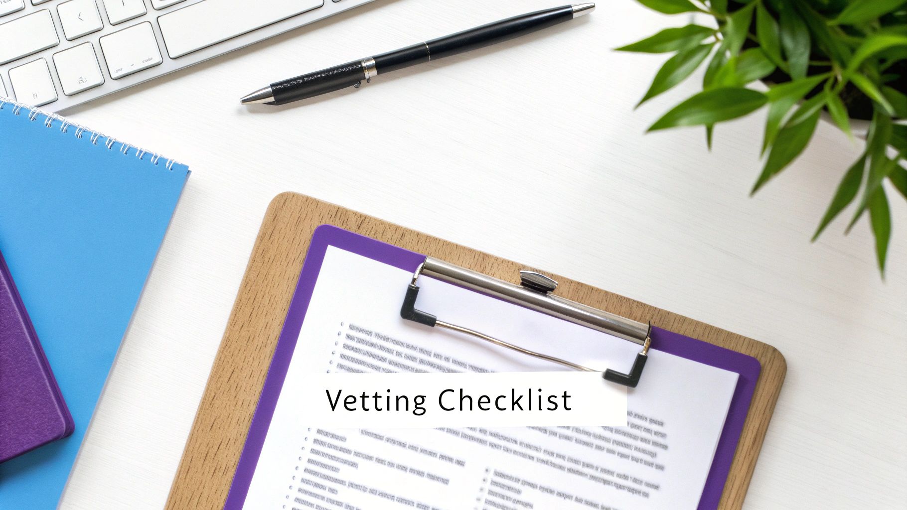 An overhead shot of a clean white desk with a keyboard, pen, plant, notebooks, and a clipboard displaying a 'Vetting Checklist'.