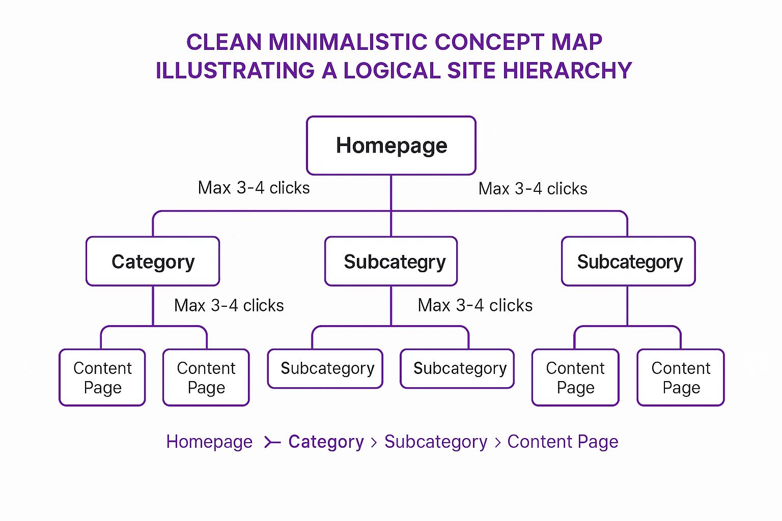 A concept map illustrating a logical site hierarchy. A central node labelled 'Homepage' connects to several 'Category' nodes, which in turn connect to 'Subcategory' nodes, and finally to 'Content Page' nodes. An annotation highlights that the path from homepage to content page should be a maximum of 3-4 clicks.