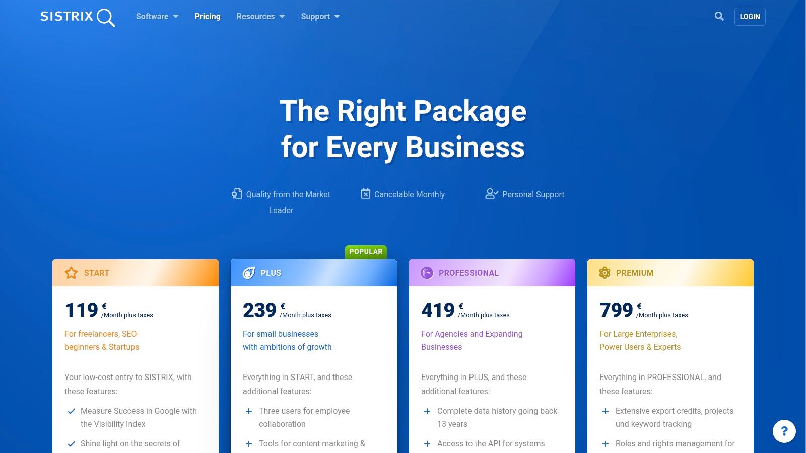 SISTRIX pricing plans for its keyword research tool