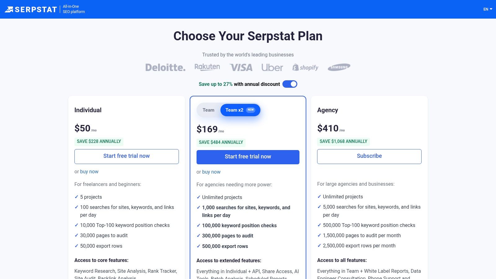Serpstat pricing plans for its SEO platform