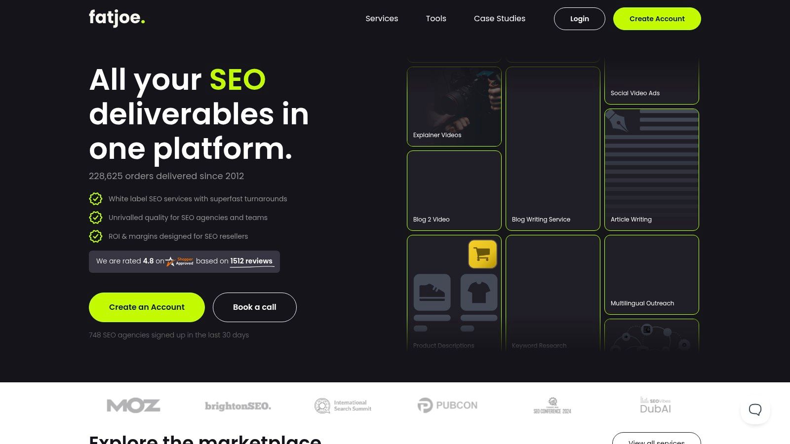FATJOE Dashboard showing various link building services