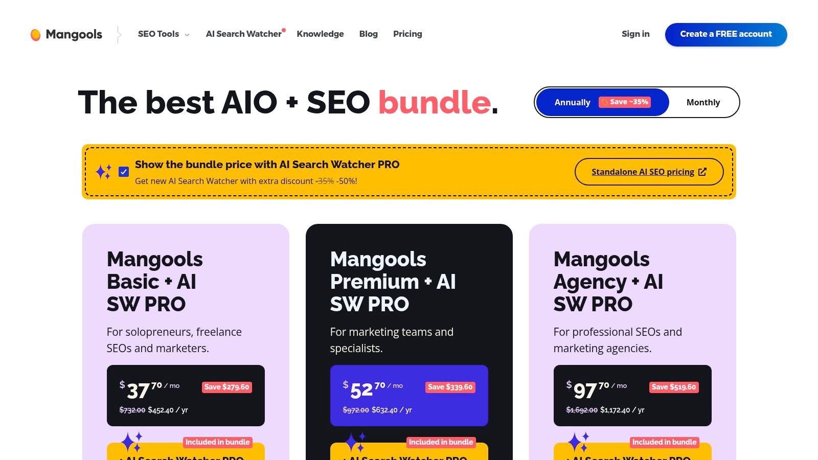Mangools KWFinder pricing plans for its keyword research tools