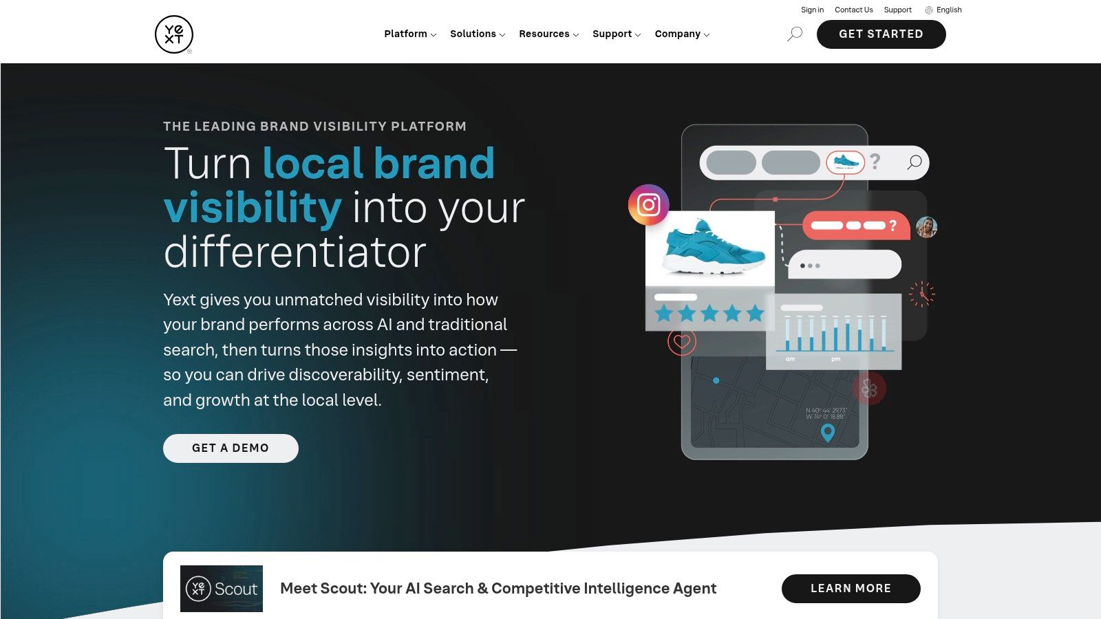 Yext platform showcasing its AI-powered features for managing digital presence