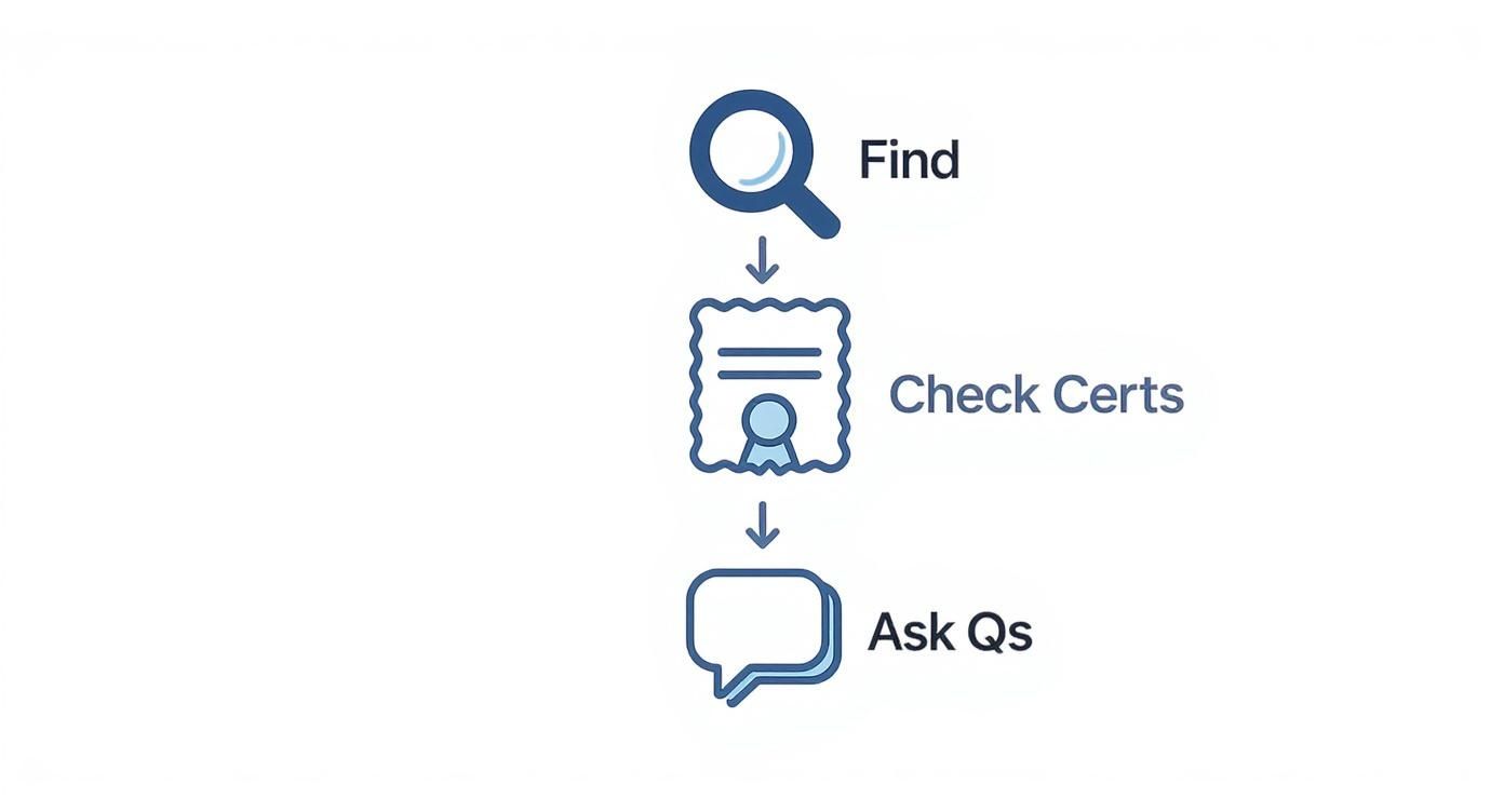 A flowchart detailing a three-step process: Find, Check Certs, and Ask Qs, with icons.