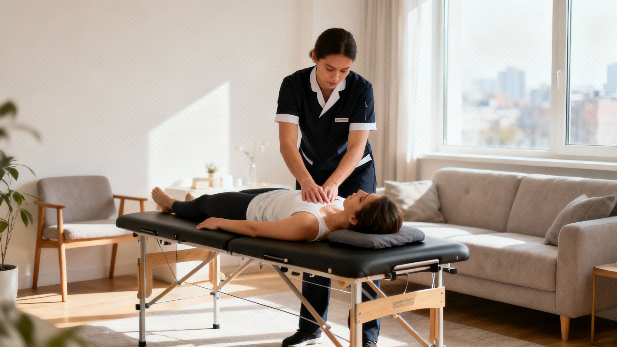A massage therapist treats a client in a comfortable home setting.