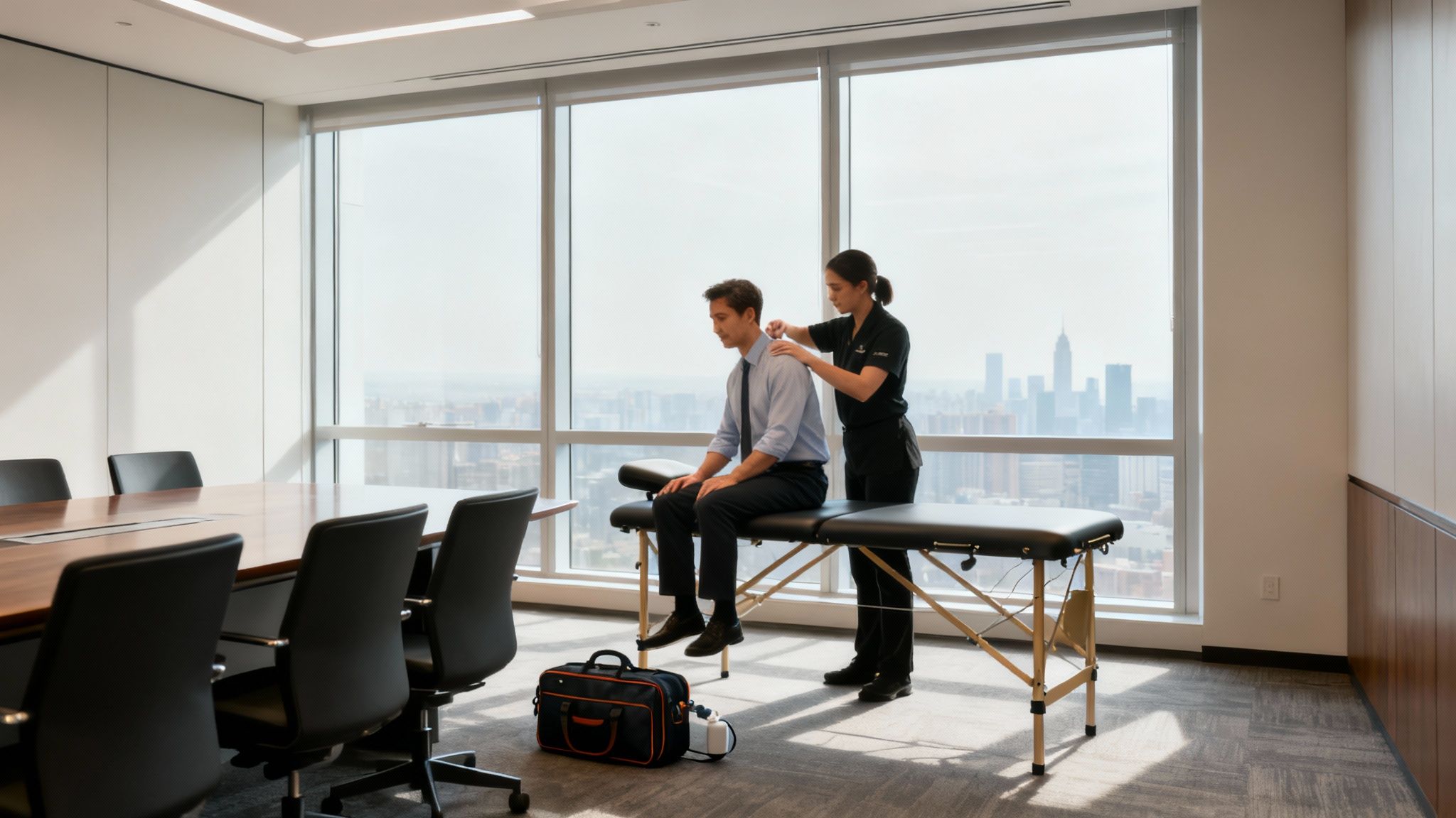 Corporate massage therapist providing shoulder treatment to office worker in modern conference room