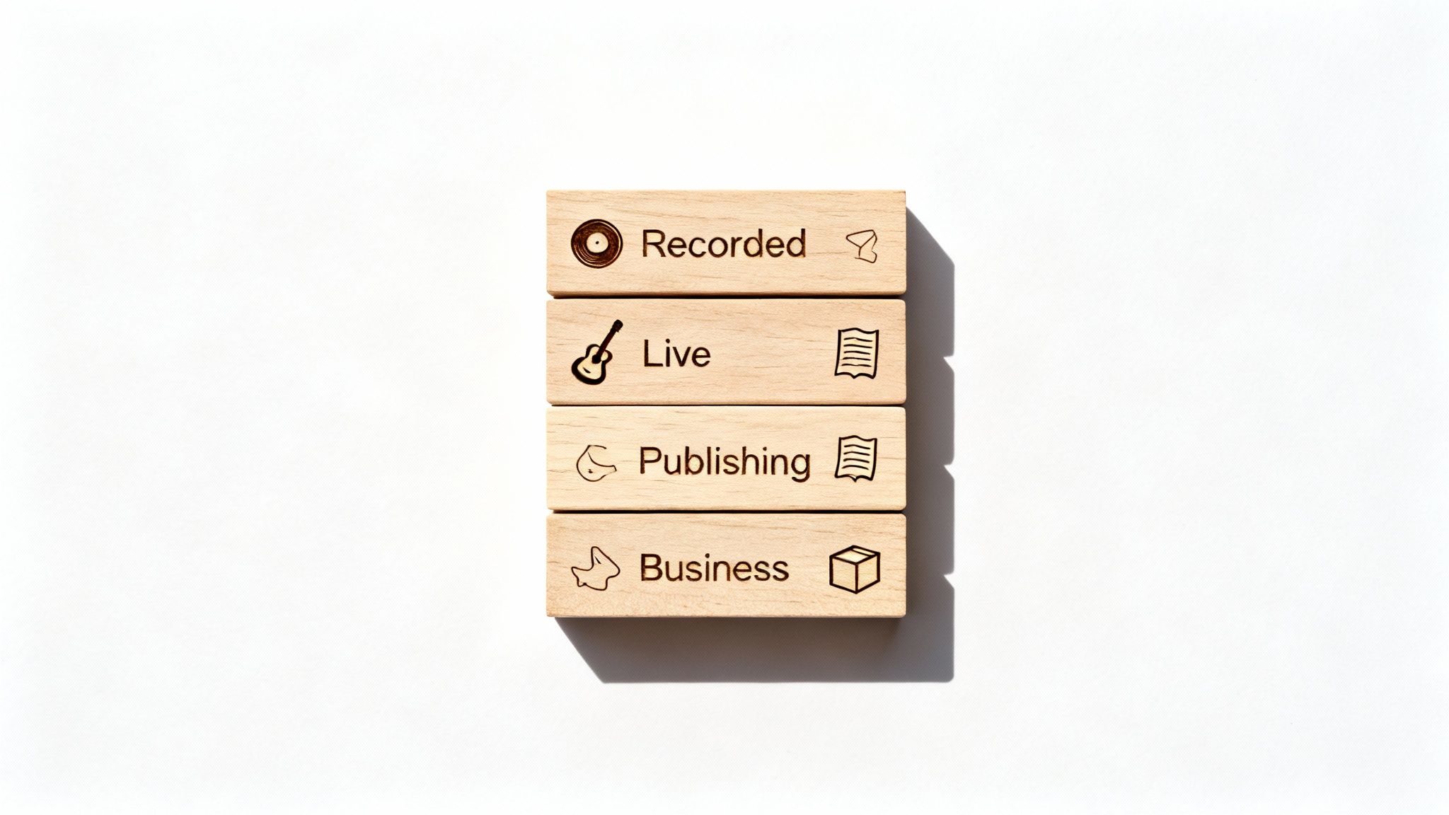 Four wooden blocks showing music industry categories: Recorded, Live, Publishing, and Business with icons