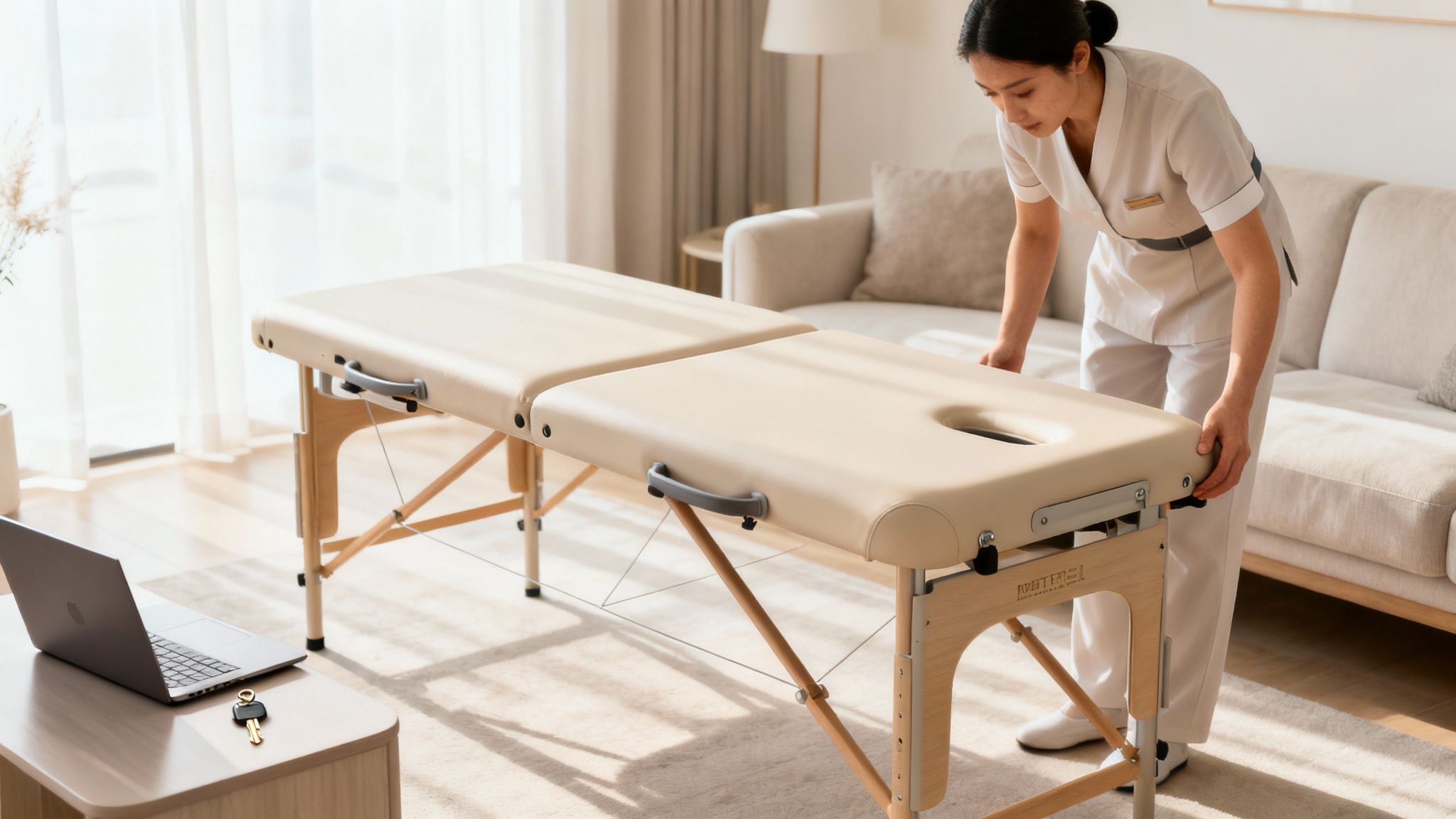 A massage therapist in uniform adjusts a portable massage table in a bright, modern living room.