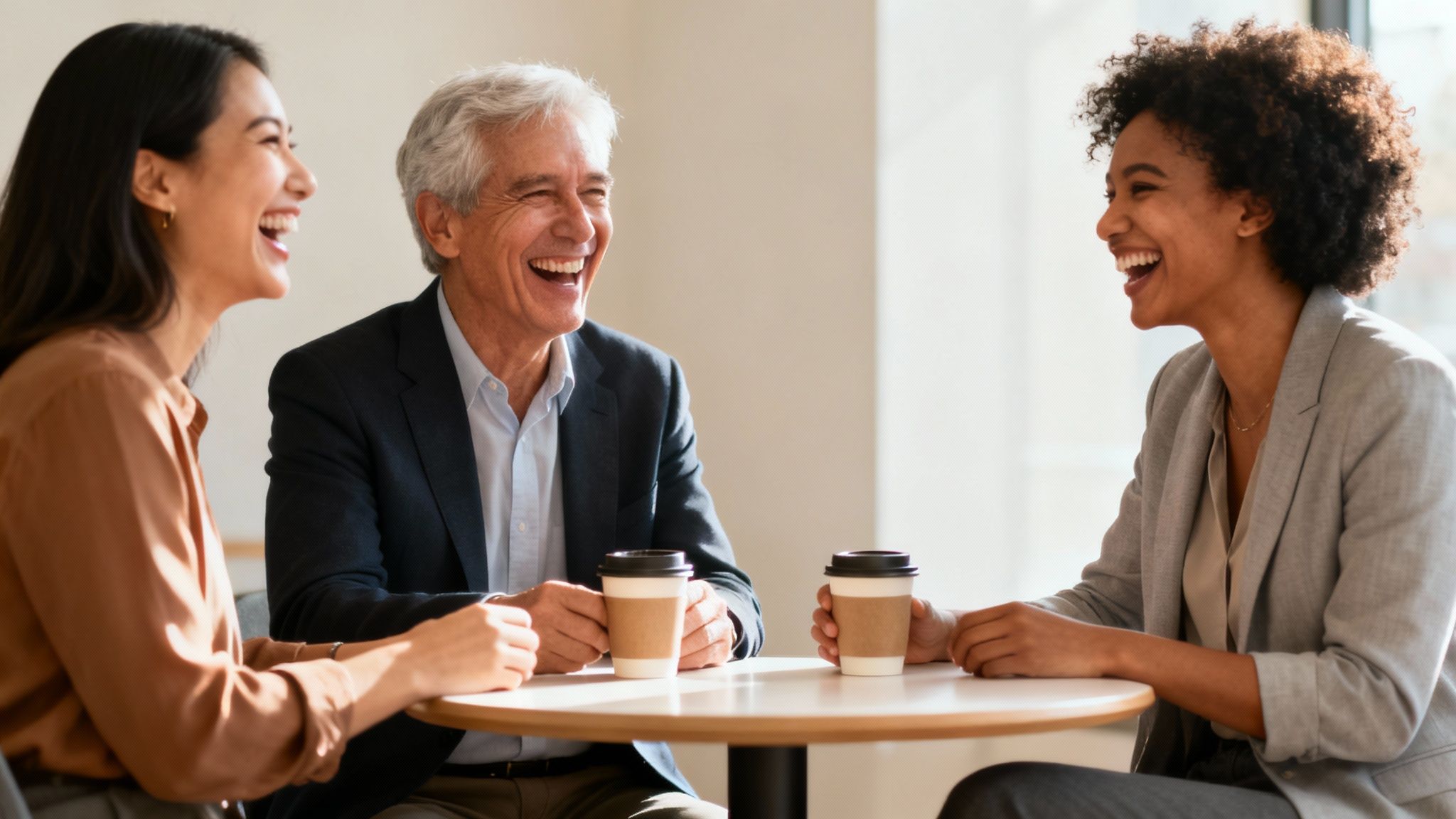 Three diverse business professionals laughing together during coffee meeting at workplace