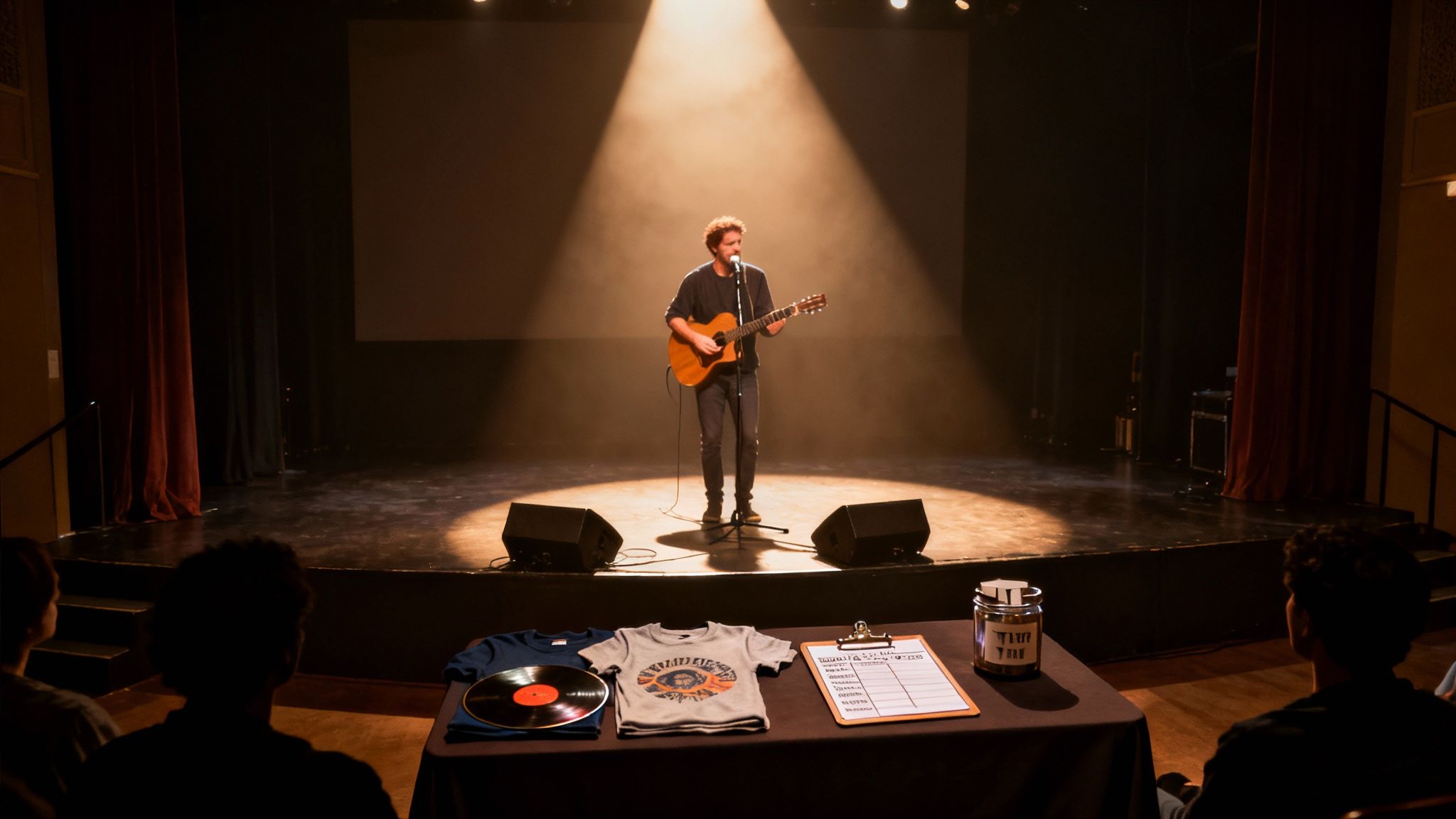 Solo musician performing on stage with acoustic guitar under spotlight at intimate venue