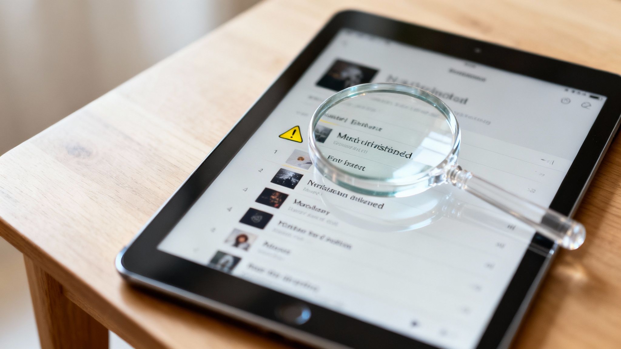 A close-up of a tablet screen with a magnifying glass, showing a playlist and a warning icon.