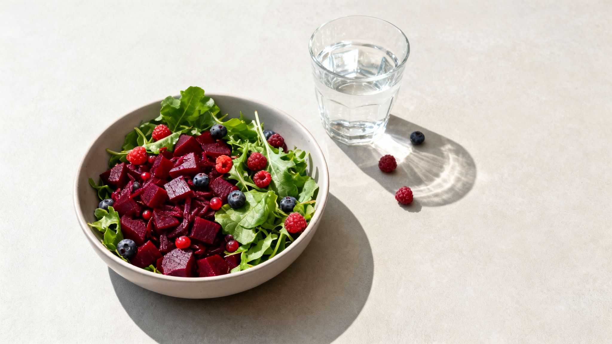 A colourful plate of fresh, healthy foods known to boost circulation, like leafy greens, berries, and fish.