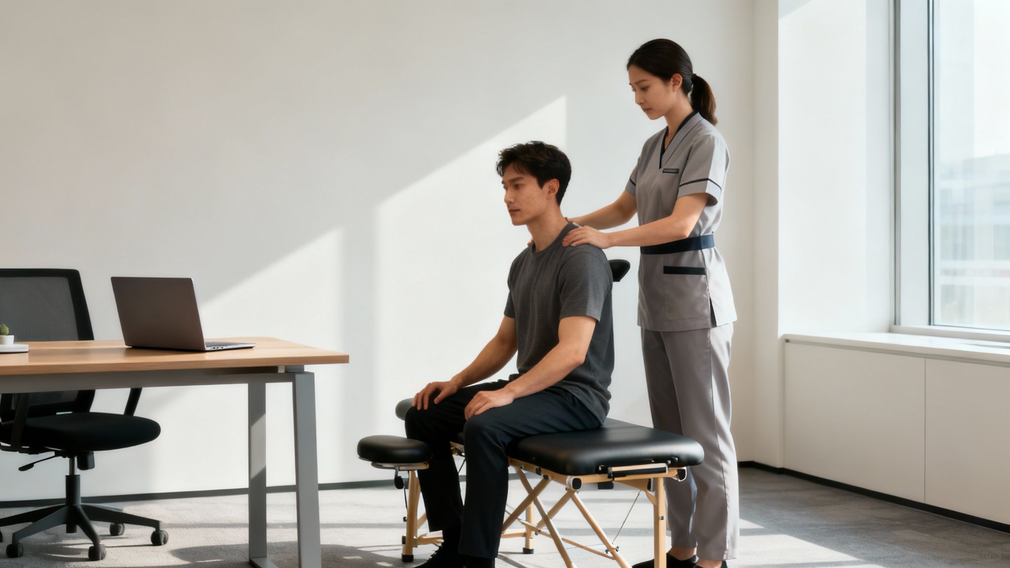 Professional massage therapist providing remedial therapy treatment to patient seated on massage table in modern clinic