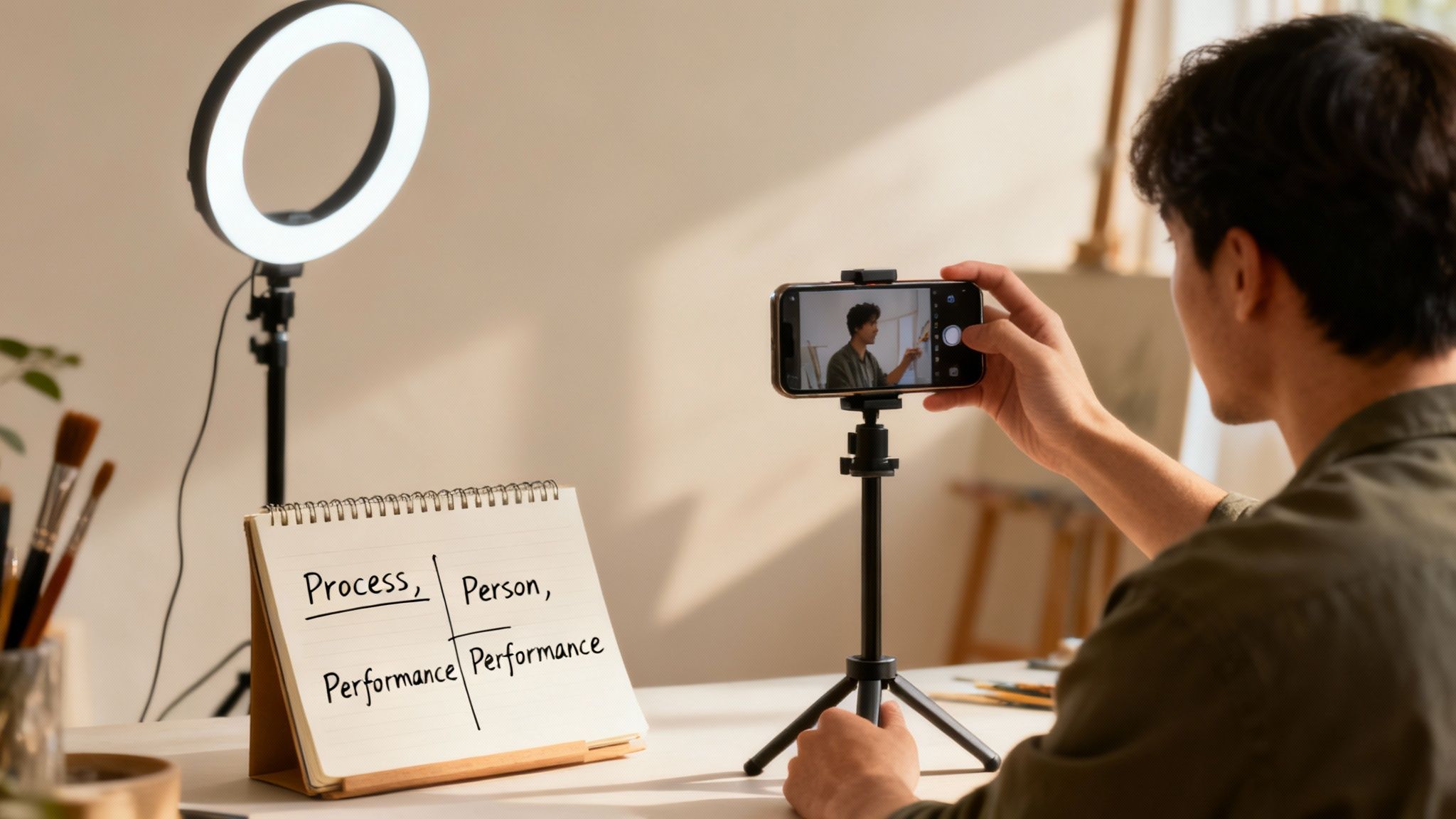 A person records a notebook displaying 'Process, Person, Performance' with a smartphone on a tripod, illuminated by a ring light.
