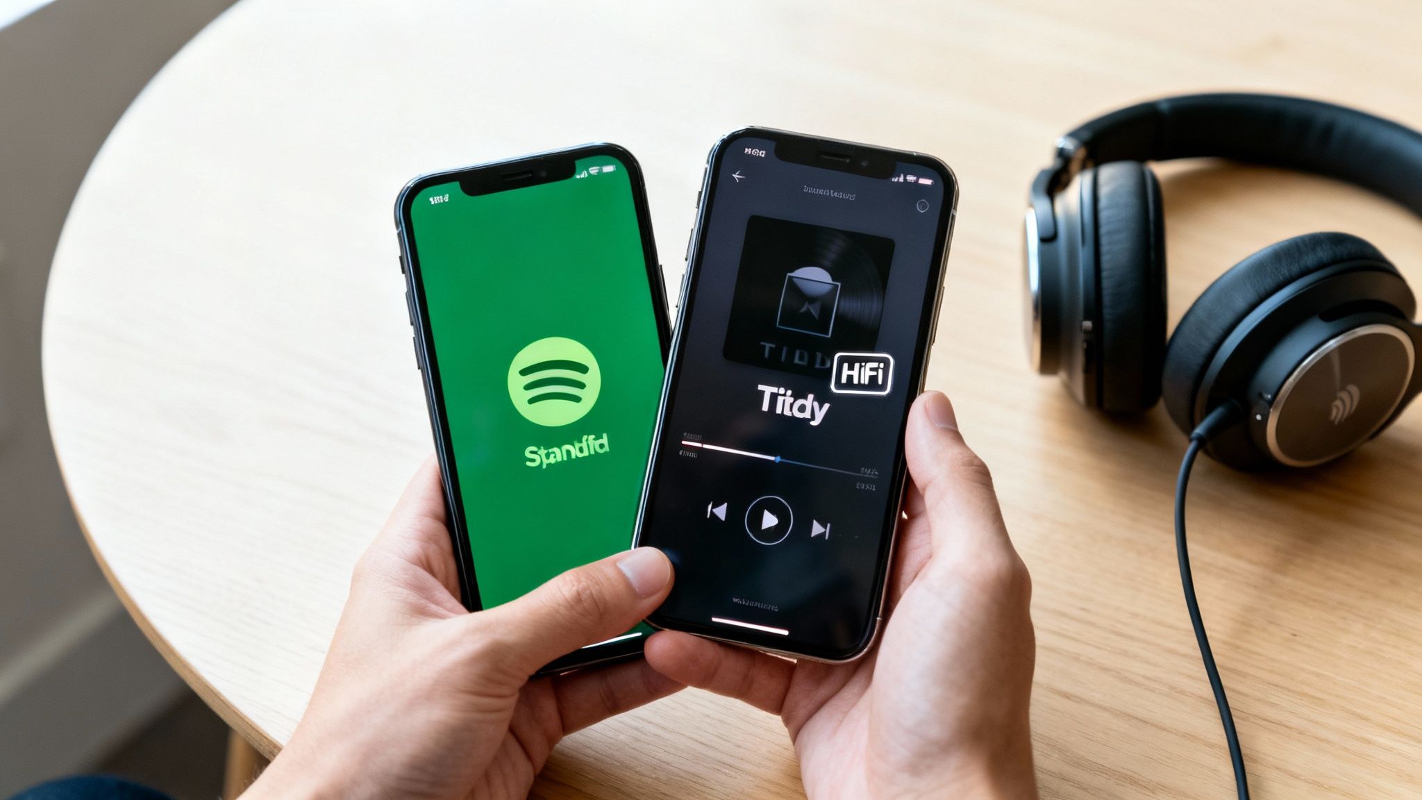 Hands hold two smartphones with music apps, Spotify and Tidal, beside black headphones on a wooden table.