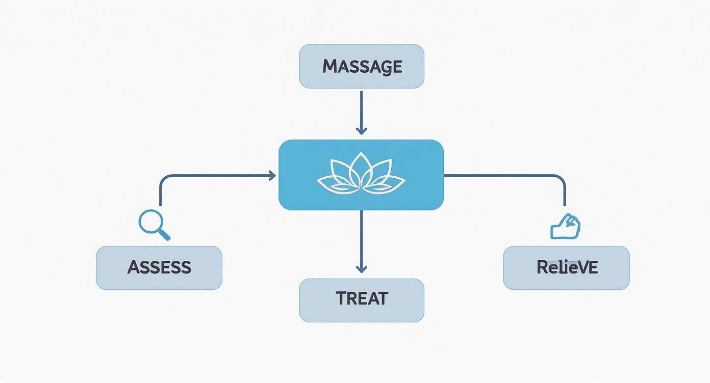 A flowchart showing the process of massage therapy, including assess, treat, and relieve stages.
